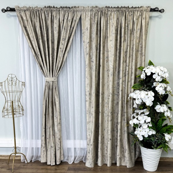 Set 3 Draperii Catifea Asama cu insertii aurii - 100cm x 235cm , Rejansa pt. sina , Crem - V1 [1]
