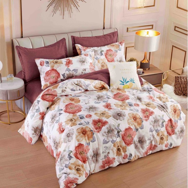 Lenjerie pat dublu,  FINET, 6 piese, Jojo Home, Crem-Maro, flori [1]
