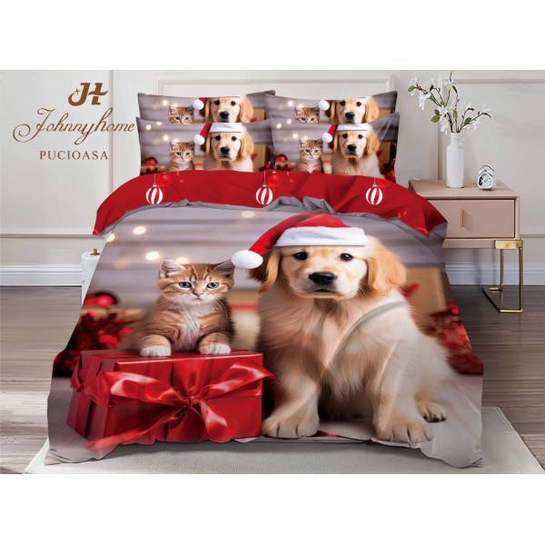 Lenjerie pat dublu,  FINET, Digital Print, Craciun, Gri, Roșu, pisica, cățel, golden retriever [1]