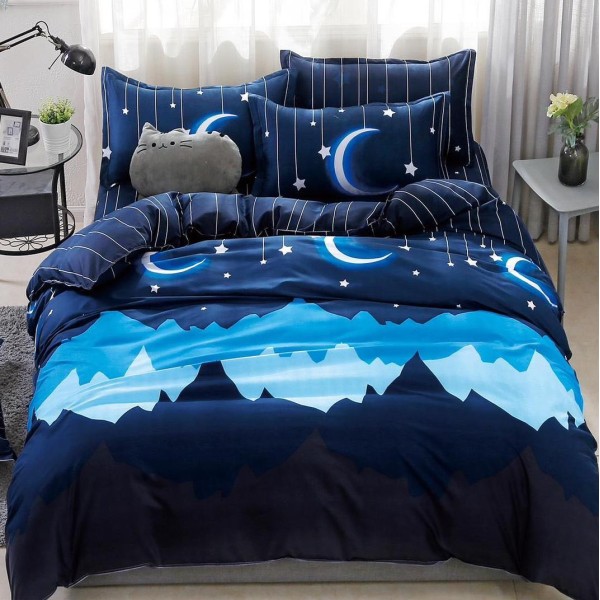 Lenjerie pat dublu (140x200cm, 160x200cm, 180x200cm), bumbac satinat, cearsaf clasic, 4 piese,  Albastru, munti, stelute [1]