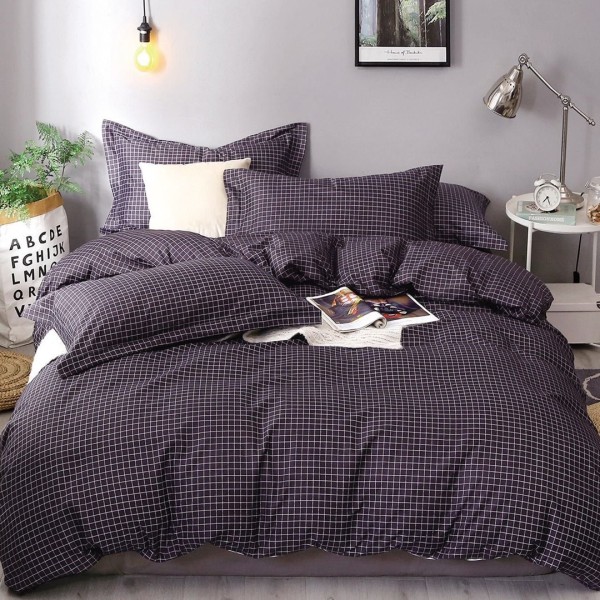 Lenjerie pat 140x200cm, 4 piese, cu ELASTIC,  Gri, patratele [1]