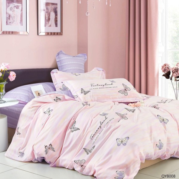 Lenjerie pat dublu, BUMBAC 100% Percal, cu Elastic, 4 piese, Roz, Lila, Fluturi [1]