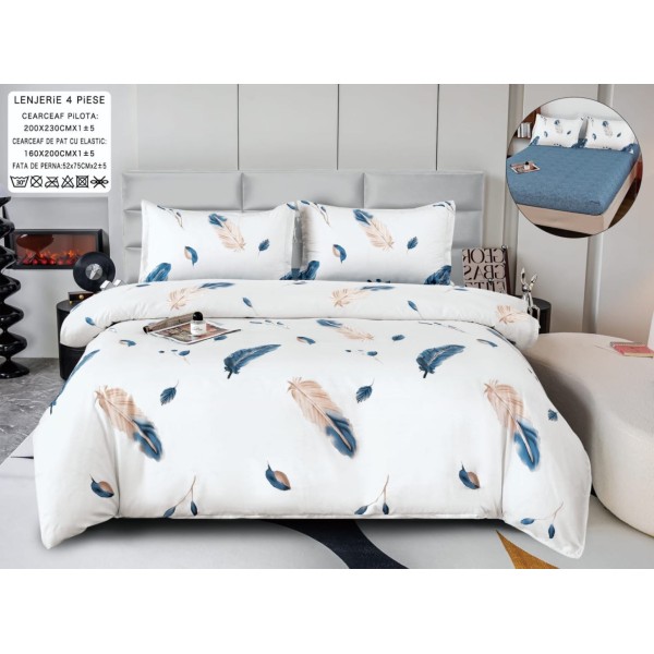 Lenjerie pat dublu, bumbac satinat,  Cearsaf cu ELASTIC 160x200cm, 4 PIESE, Alb, pene [1]