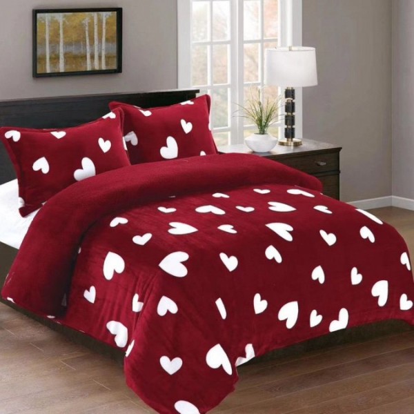 Lenjerie pentru Pat Dublu, Cocolino Premium, 4 Piese – Plușată, Groasă, și Călduroasă, Ideală pentru Iarnă –  Confort Maxim, Antișifonare, Rosu, Inimioare [1]
