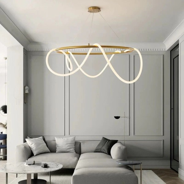 Lustra LED Tip Pendul RFAN, Model AD60040-800, Inaltime Reglabila, 70W, Auriu/Alb [1]
