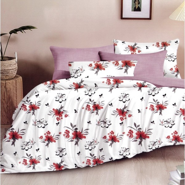 Lenjerie pat dublu,  FINET, 6 piese, Rosu, flori [1]