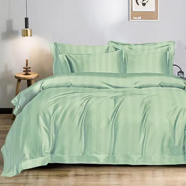 Lenjerie HoReCa DeLuxe, pat dublu, Damasc cu Dunga latã de 3cm, 6 piese, cearșaf cu ELASTIC, Menta [1]