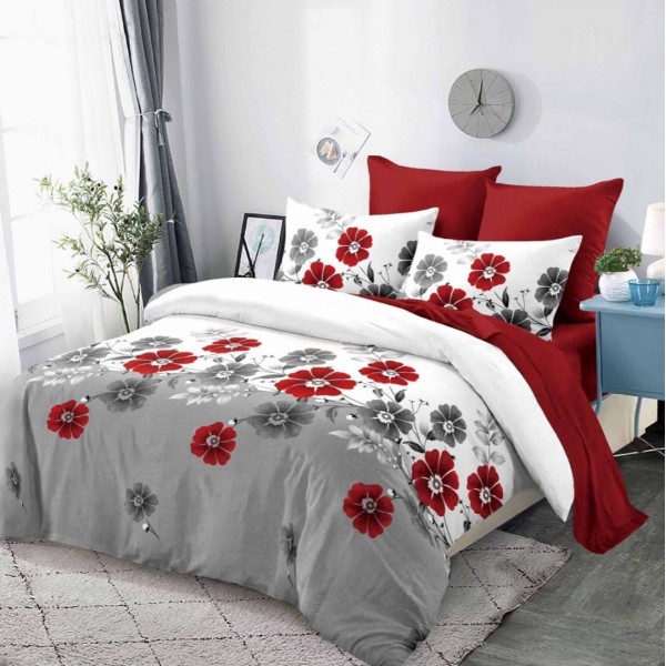 Lenjerie pat dublu,  FINET, cu elastic, 6 piese, Gri, Rosu, Flori [1]