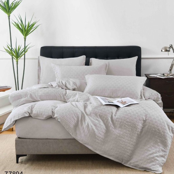 Lenjerie de Pat Dublu din Bumbac Tricotat - Set Premium 4 Piese cu Cearșaf Elastic și Imprimeu Satinat pentru Confort și Eleganță, Gri deschis [1]