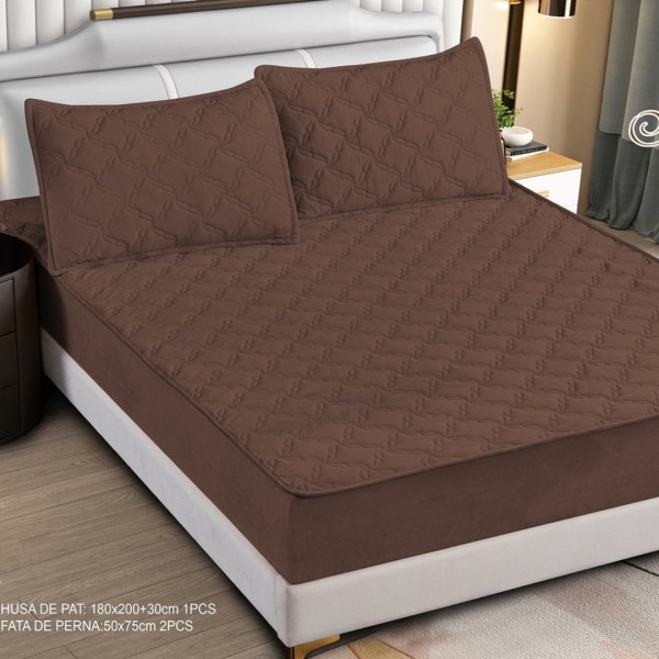 Husă Matlasată Tip Topper din Catifea 180x200cm, cu 2 Fețe de Pernă 50x70cm -  Somn Odihnitor și Susținere pentru Spate, Maro [1]