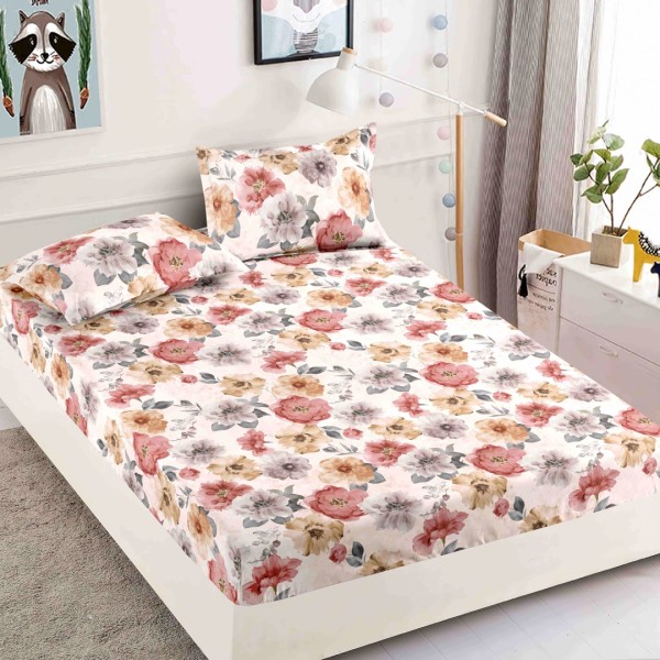 Cearsaf cu elastic, Bumbac FINET, 160/180x200cm, 2 fete de perne 50x70cm, Jojo Home, Crem-Rosu, flori [1]