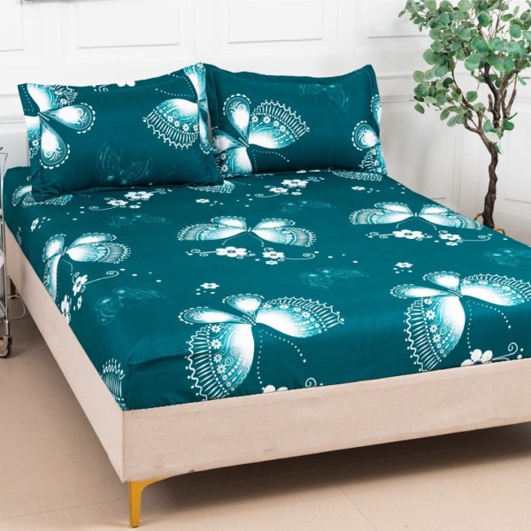 Cearsaf cu elastic, Bumbac Satinat, 160/180x200cm, 2 fete de perne 50x70cm, Turquoise, fluturi [1]