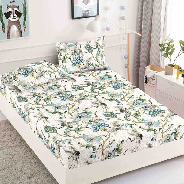 Cearsaf cu elastic, Bumbac FINET, 160/180x200cm, 2 fete de perne 50x70cm, Jojo Home, Verde, flori [1]