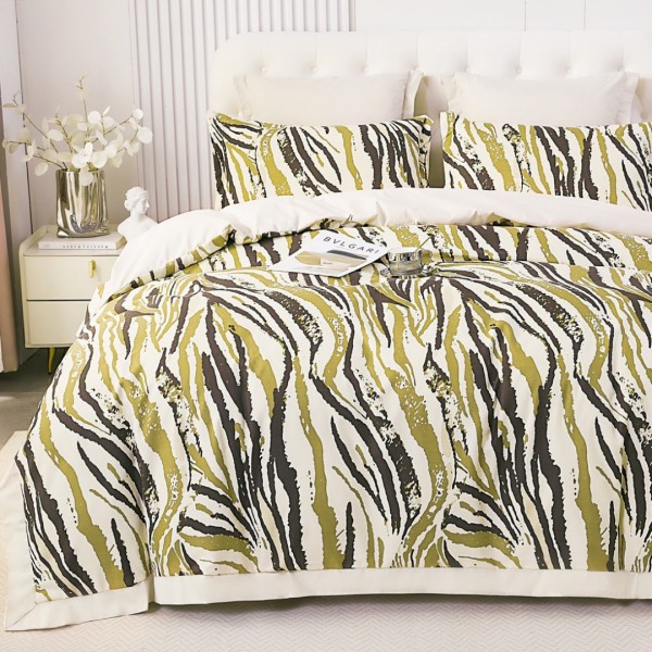 Lenjerie de Pat Dublu, Super Premium,  Finet Ranforsat, 6 Piese, Ambalat în Cutie de Lux, Crem, Maro, Kaki, dungi [1]