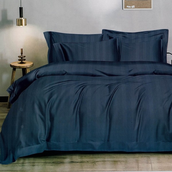 Lenjerie HoReCa DeLuxe, pat dublu, Damasc cu Dunga latã de 3cm, 6 piese, cearșaf cu ELASTIC, Bleumarin [1]