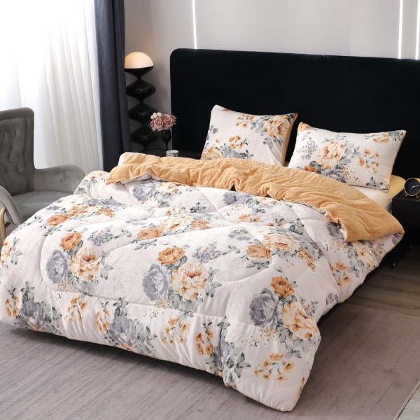  Pilota Cocolino cu blanita 200x230cm si 2 fete de perna 50x70cm, Crem, flori [1]