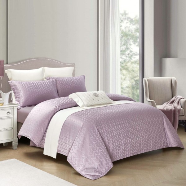 Lenjerie de Pat Dublu, Jacquard Finetat – 4 Piese, Luciu Satinat Rafinat și Confort Premium, Lila [1]