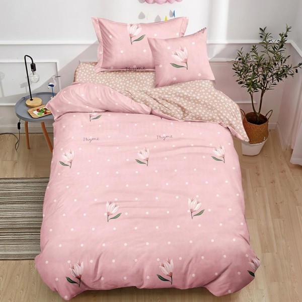 Lenjerie pat 140x200cm,  FINET, 4 piese, cu ELASTIC, Roz, magnolii [1]