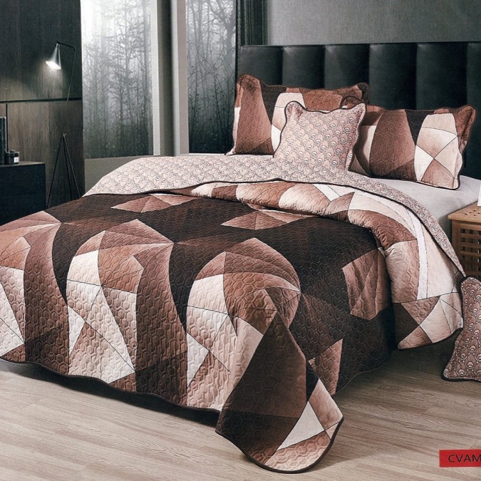 Cuvertura pat dublu, din Bumbac Finet, 5 piese, Maro, forme geometrice