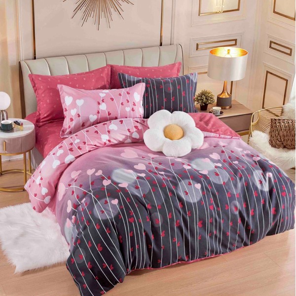 Lenjerie pat dublu,  FINET, 6 piese, Jojo Home, Roz, inimioare [1]