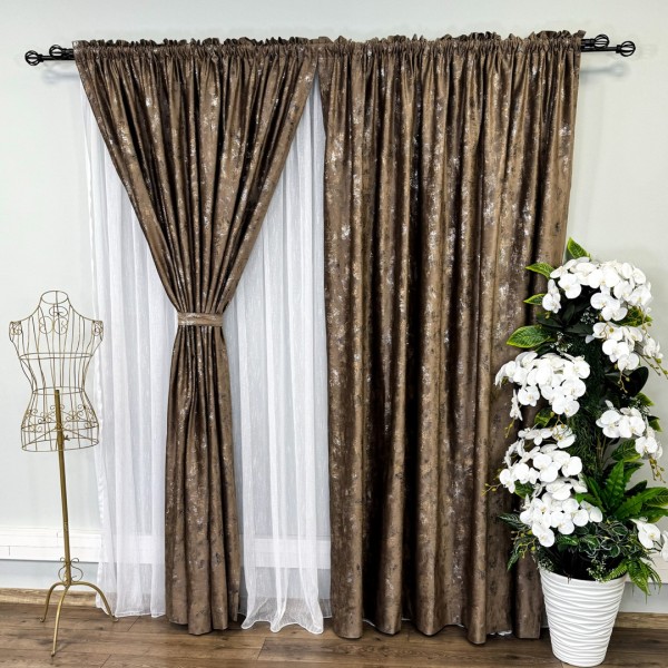 Set 2 Draperii Catifea Asama cu insertii aurii - 2m latime x 2.50m inaltime x Tiv lat, Maro - V7 [1]