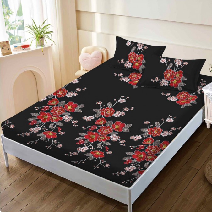 Cearsaf cu elastic  FINET  160x200cm  2 fete de perne 50x70cm  Negru  Rosu  Flori – confort și eleganță pentru patul tău