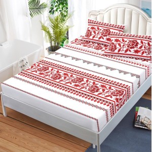 Cearsaf cu elastic, FINET, 180x200cm, 2 fete de perne 50x70cm, Alb-Rosu, model traditional