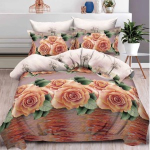 Lenjerie pat dublu, 6 PIESE, IMPRIMEU 3D Multiplicat, Maroniu, trandafiri