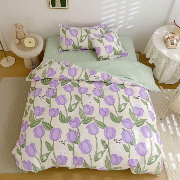 Lenjerie pat 140x200cm,  FINET, 4 piese, cu ELASTIC, Verde-Lila, lalele, iepurasi [1]