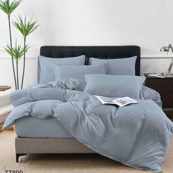 Lenjerie de Pat Dublu din Bumbac Tricotat - Set Premium 4 Piese cu Cearșaf Elastic și Imprimeu Satinat pentru Confort și Eleganță, Gri albastrui [1]