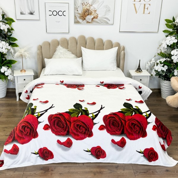 Patura pufoasa cocolino 200x230cm, 240g/mp, Alb, trandafiri rosii [1]