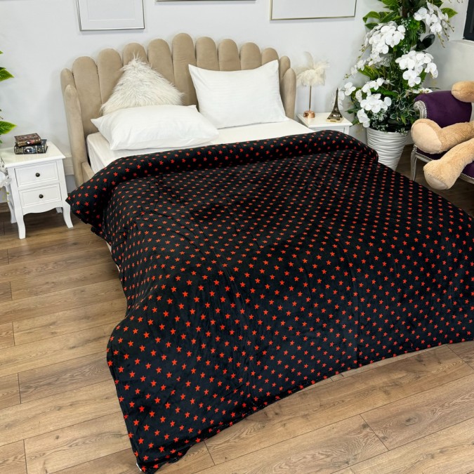 Patura pufoasa cocolino 200x230cm, 240g/mp, Negru, Rosu, stelute