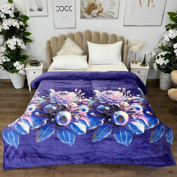 Patura pufoasa cocolino 200x230cm, 240g/mp, Mov, flori [1]
