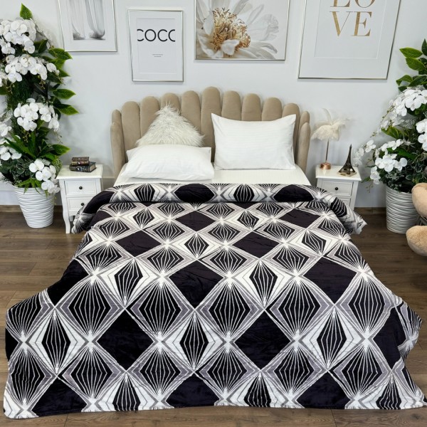 Patura pufoasa cocolino 200x230cm, 240g/mp, Alb, Mov inchis, model elegant [1]