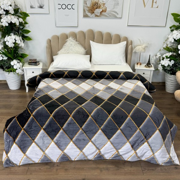 Patura pufoasa cocolino 200x230cm, 240g/mp, Negru, Gri, forme geometrice [1]