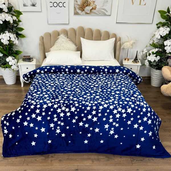 Patura pufoasa cocolino 200x230cm, 240g/mp, Bleumarin, Alb, stelute [1]