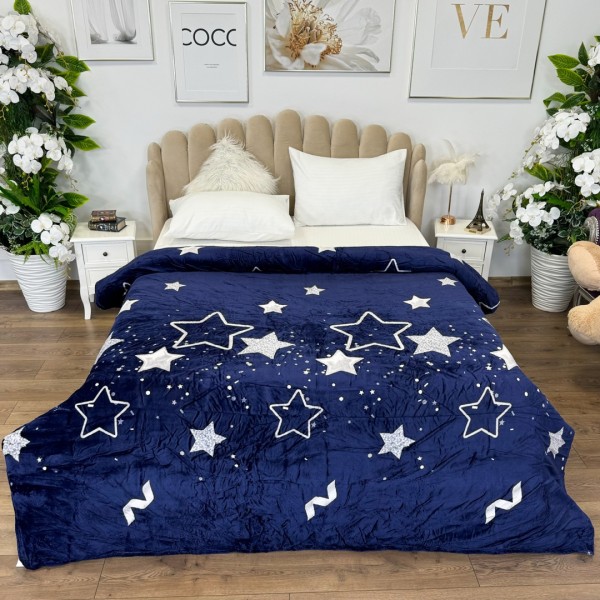 Patura pufoasa cocolino 200x230cm, 240g/mp, Bleumarin, Alb, stelute [1]