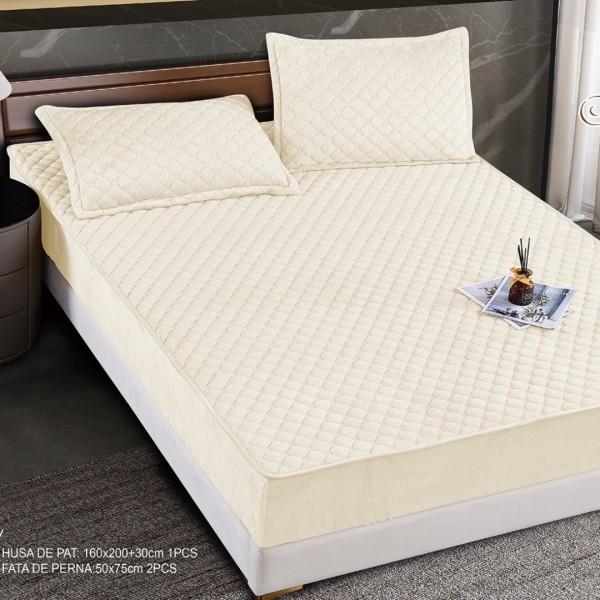 Husă Matlasată Tip Topper din Catifea 160x200cm, cu 2 Fețe de Pernă 50x70cm -  Somn Odihnitor și Susținere pentru Spate, Crem [1]