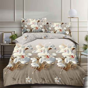 Lenjerie pat dublu (140x200cm, 160x200cm, 180x200cm), cearsaf clasic, imprimeu 3D, Bej, flori