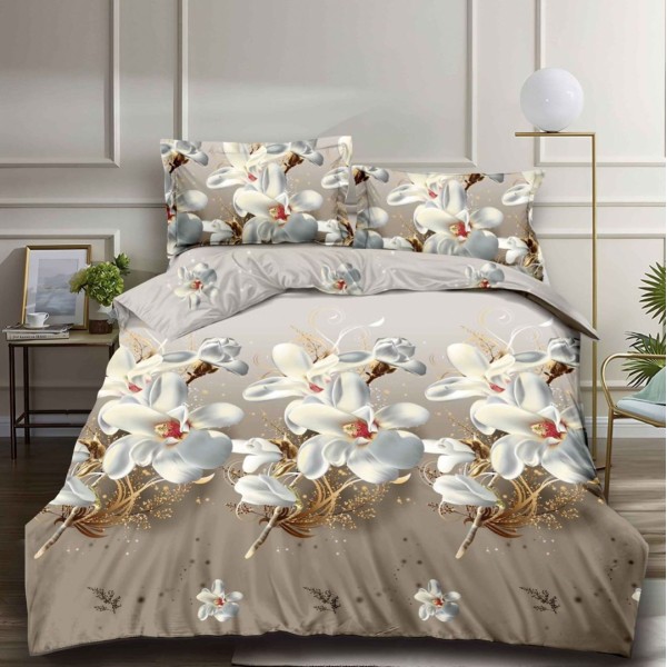 Lenjerie pat dublu (140x200cm, 160x200cm, 180x200cm), cearsaf clasic, imprimeu 3D, Bej, flori [1]