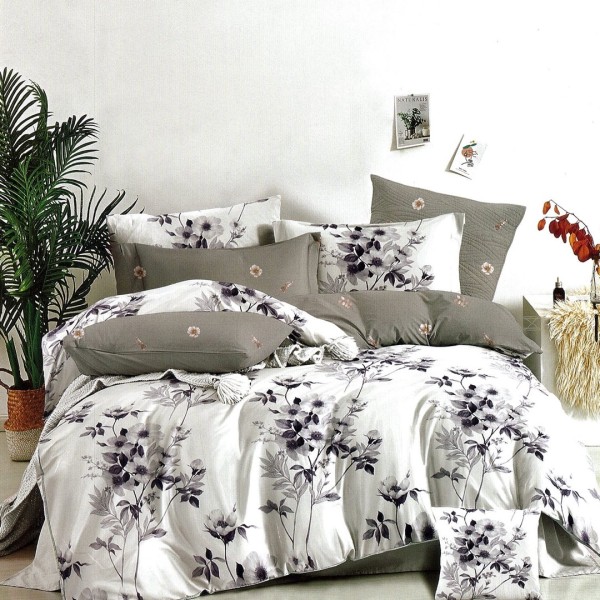 Lenjerie pat dublu,  FINET, 6 piese, Gri, flori [1]