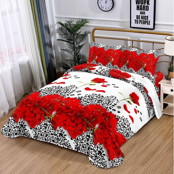 Lenjerie pat dublu (140x200cm, 160x200cm, 180x200cm), cearsaf clasic, imprimeu 3D, Rosu-Negru, animal print, trandafiri [1]