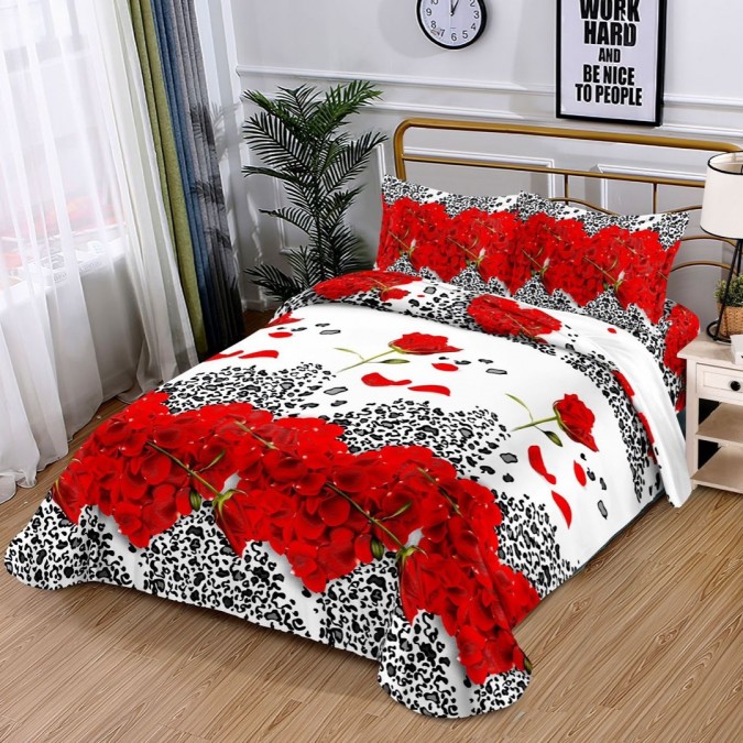 Lenjerie pat dublu, 4 piese, IMPRIMEU 3D Multiplicat Multiplicat, Microfibra, Rosu-Negru, animal print, trandafiri