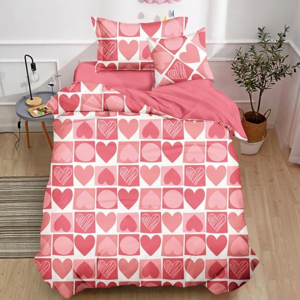 Lenjerie pat 140x200cm,  FINET, 4 piese, cu ELASTIC, Roz, inimioare [1]