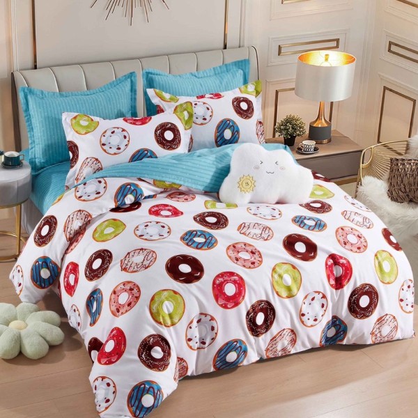 Lenjerie pat dublu,  FINET, 6 piese, Jojo Home, Alb, Multicolor, Gogosi, Donuts [1]