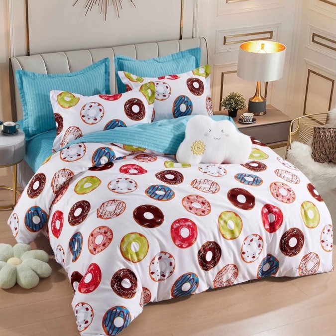 Lenjerie pat dublu BUMBAC FINET 6 piese Jojo Home Alb Multicolor Gogosi Donuts