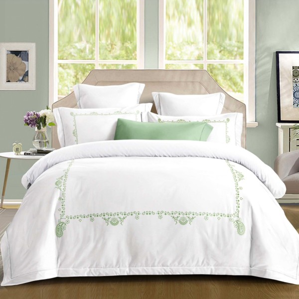 Lenjerie pat dublu, Primăvara,  FINET, Cearsaf cu Elastic 180x200cm, 4 piese, Alb, Verde, model elegant clasic - Lux Absolut, Delicatețe și Eleganță Desăvârșită [1]