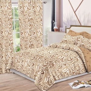 Set Lenjerie pat dublu (140x200cm, 160x200cm, 180x200cm) + 2 draperii, finet, 8 piese, Crem, Maro, valuri