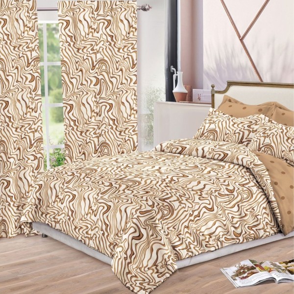 Set Lenjerie pat dublu (140x200cm, 160x200cm, 180x200cm) + 2 draperii, finet, 8 piese, Crem, Maro, valuri [1]