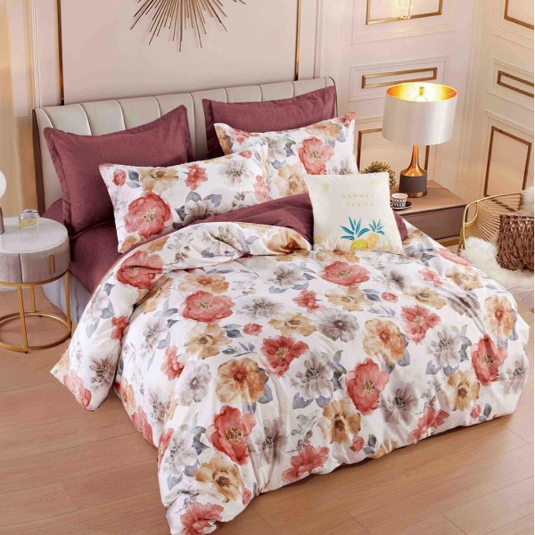 Lenjerie pat dublu,  FINET, 6 piese, cu ELASTIC, Jojo Home, Crem-Maro, flori [1]